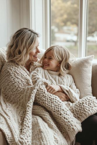 cozy mom and daughter